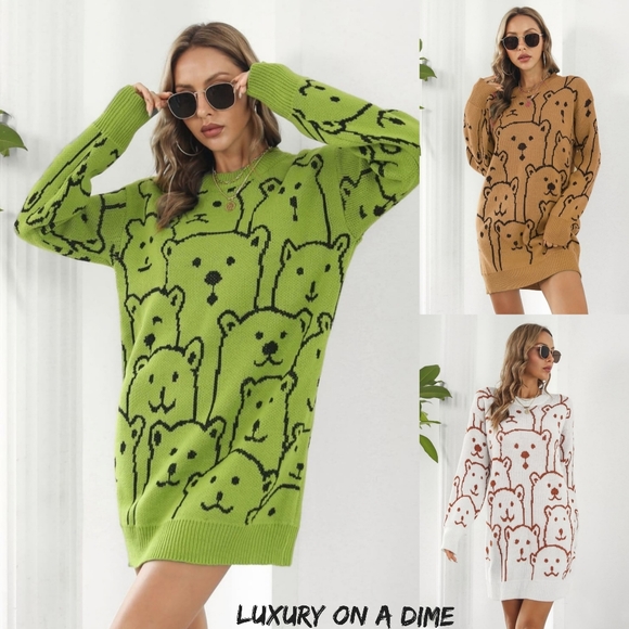 Polar Bear Round Neck Cozy Knit Long Sleeve Oversized Mini Sweater Dress White - Picture 11 of 11